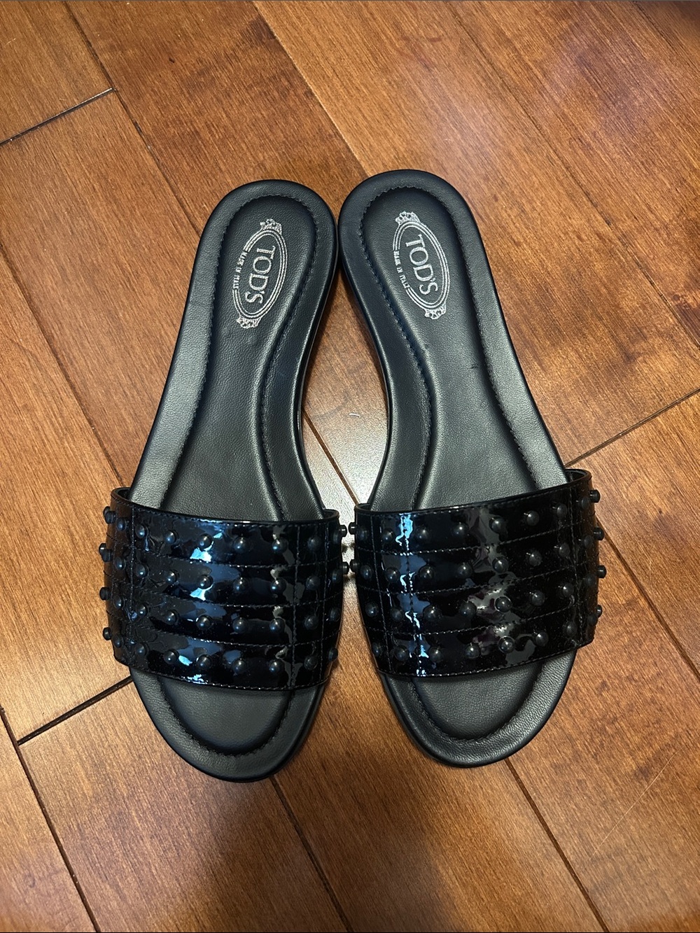 TOD'S Black Patent Leather Studded Slide Mules